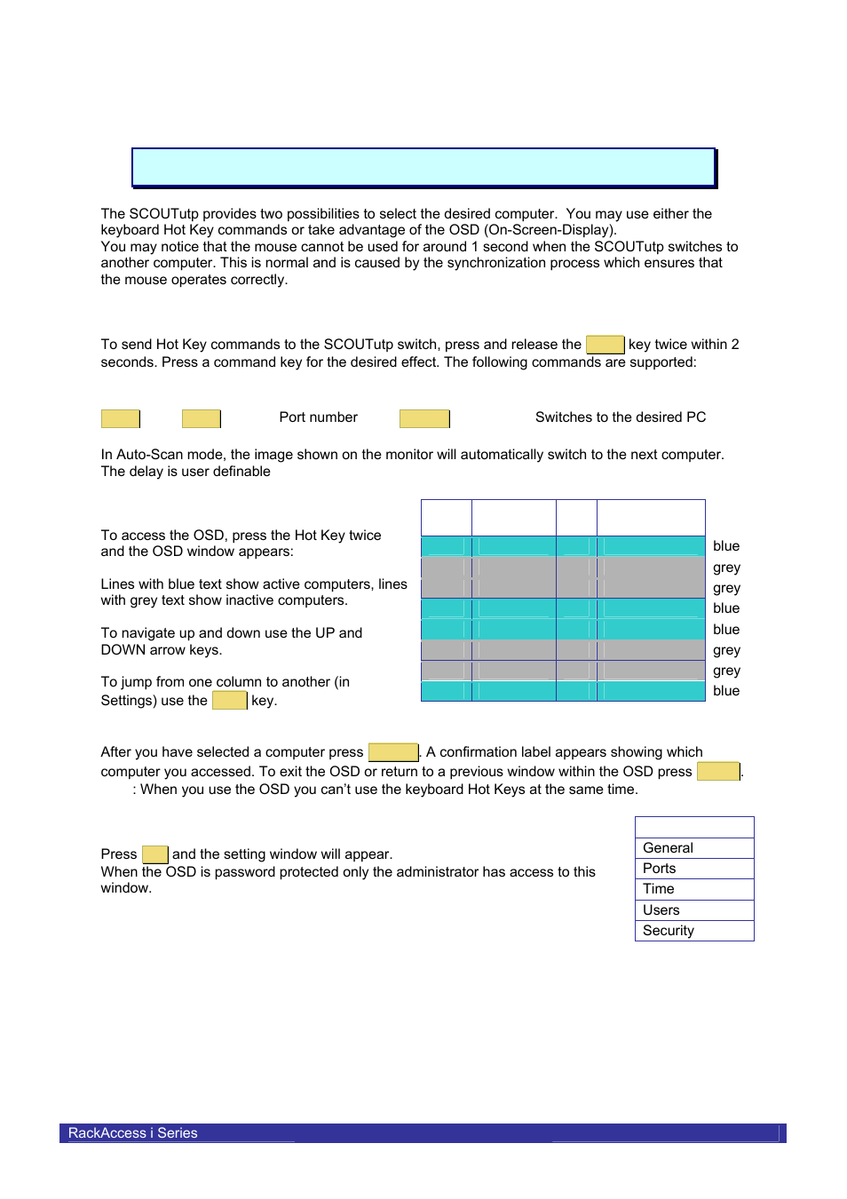 Using the scoututp, Keyboard hot key commands, Osd (on-screen-display) | Osd settings | Daxten RACKACCESS 16I User Manual | Page 9 / 21