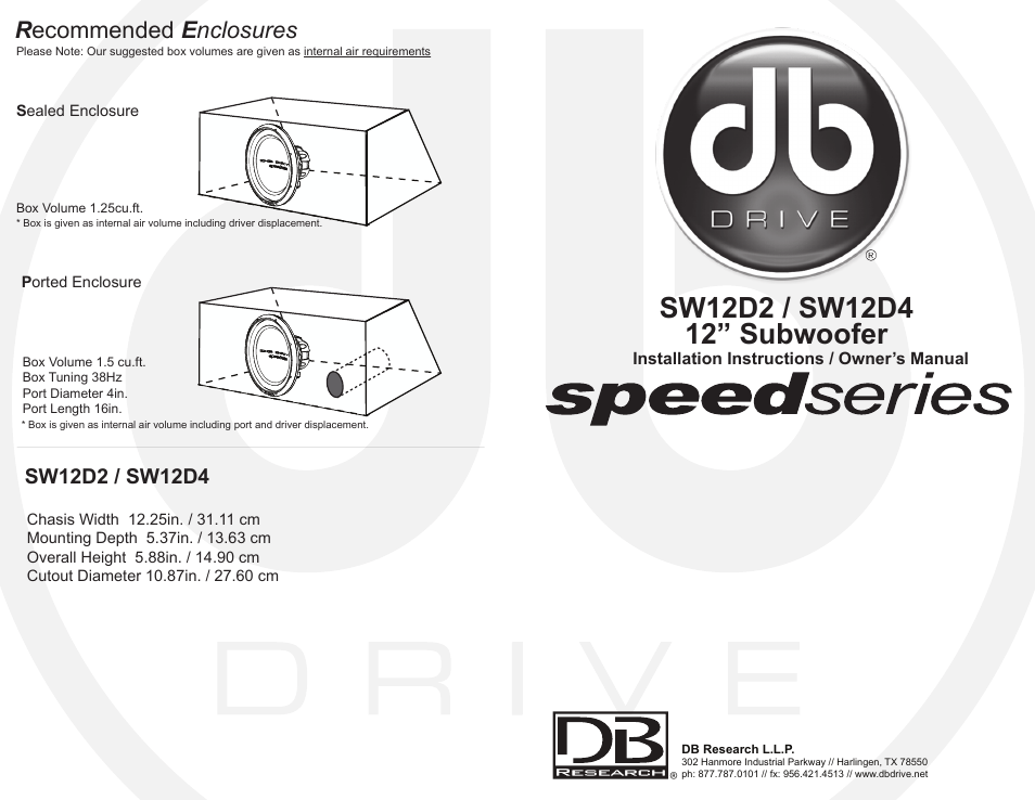 DB Drive Speed Series Subwoofer SW12D2 User Manual | 2 pages