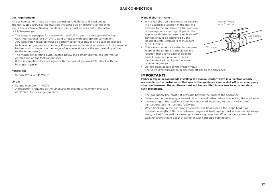 Important, Gas connection | Fisher & Paykel Series 7 Classic Series 36 Inch Freestanding Gas Range Installation Guide User Manual | Page 17 / 56