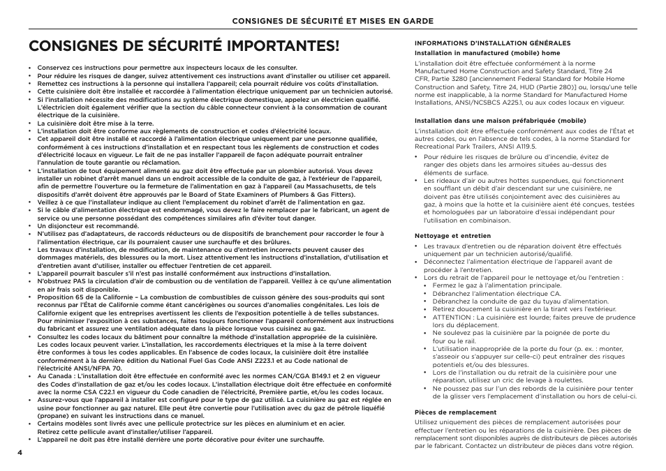 Consignes de sécurité importantes, Consignes de sécurité et mises en garde | Fisher & Paykel Series 7 Classic Series 36 Inch Freestanding Gas Range Installation Guide User Manual | Page 32 / 56