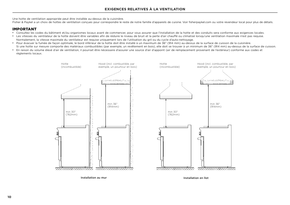 Important, Exigences relatives à la ventilation | Fisher & Paykel Series 7 Classic Series 36 Inch Freestanding Gas Range Installation Guide User Manual | Page 38 / 56