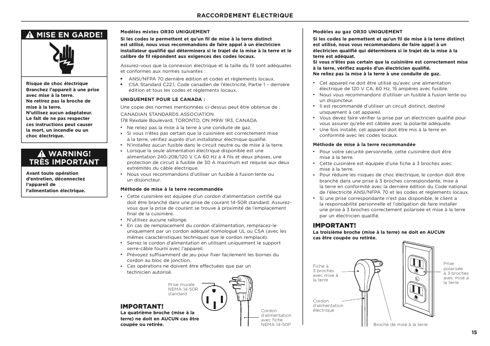 Mise en garde, Warning! très important, Important | Raccordement électrique | Fisher & Paykel Series 7 Classic Series 36 Inch Freestanding Gas Range Installation Guide User Manual | Page 43 / 56