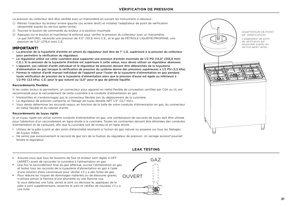 Ouvert gaz, Important, Vérification de pression | Leak testing | Fisher & Paykel Series 7 Classic Series 36 Inch Freestanding Gas Range Installation Guide User Manual | Page 49 / 56