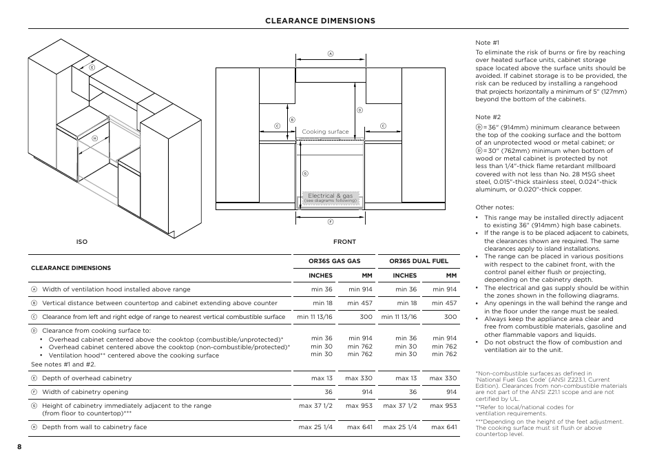 Clearance dimensions | Fisher & Paykel Series 7 Classic Series 36 Inch Freestanding Gas Range Installation Guide User Manual | Page 8 / 56