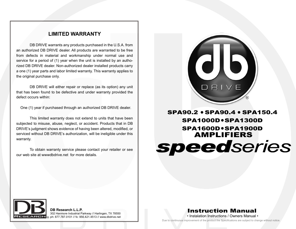 DB Drive Speed Series Amplifier SPA SPA90.2 User Manual | 16 pages