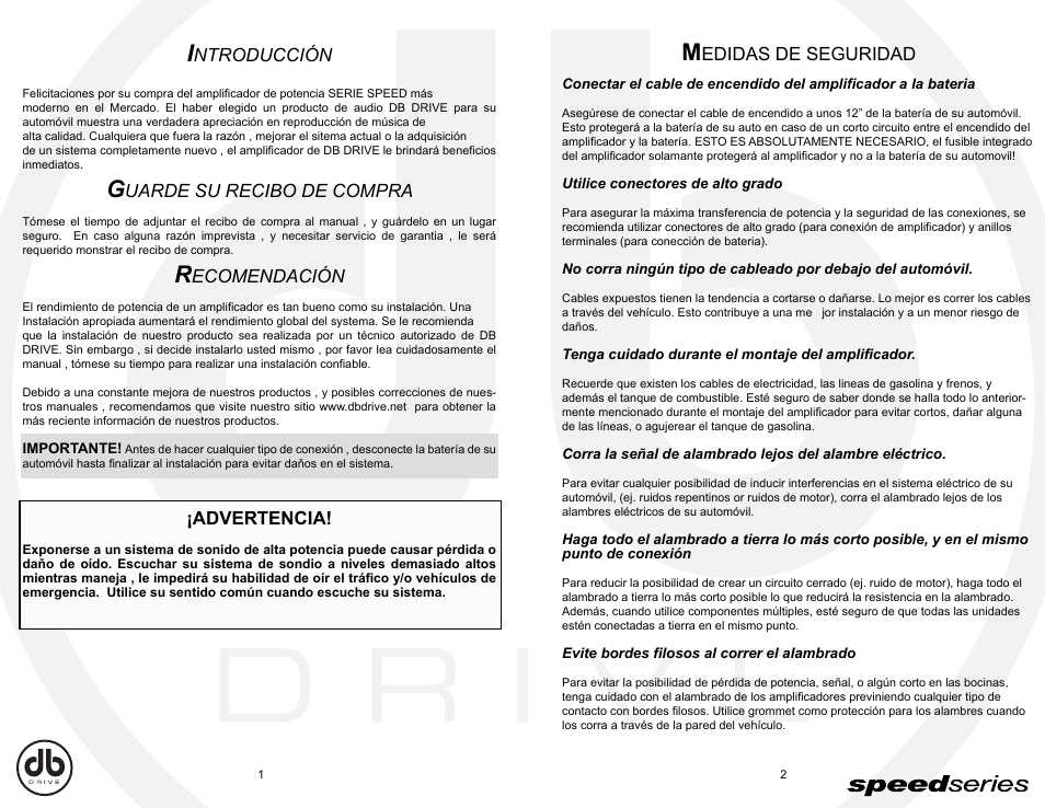 Db_sp1-2, Ntroducción, Uarde su recibo de compra | Ecomendación, Advertencia, Edidas de seguridad | DB Drive Speed Series Amplifier SPA SPA90.2 User Manual | Page 10 / 16