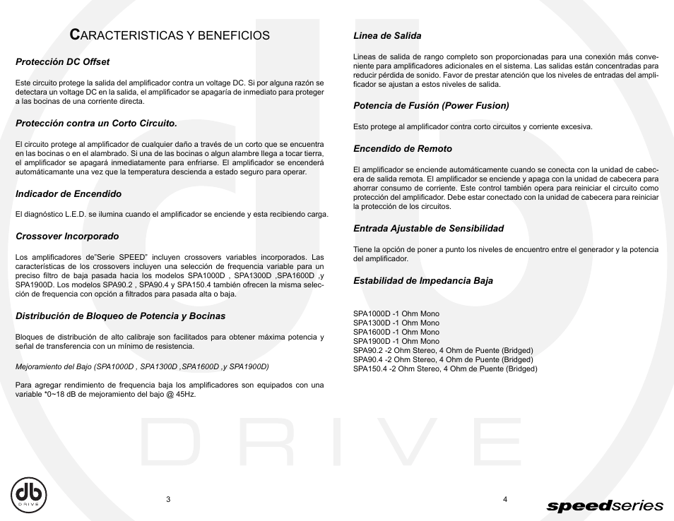 Db_sp3-4, Aracteristicas y beneficios | DB Drive Speed Series Amplifier SPA SPA90.2 User Manual | Page 11 / 16