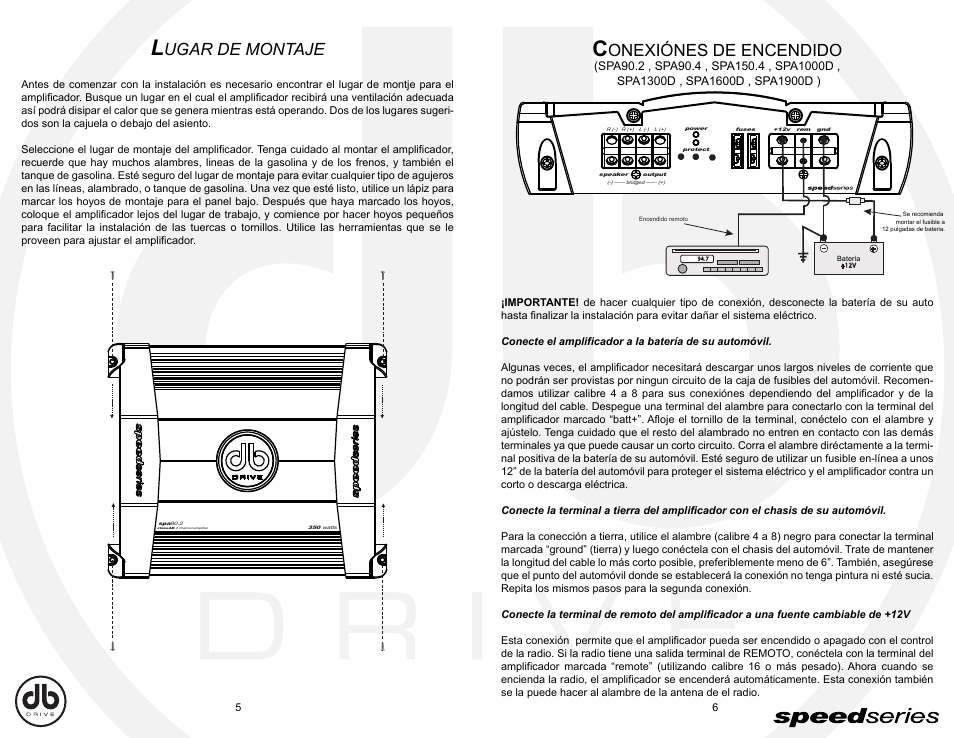 Db_sp5-6, Ugar de montaje, Onexiónes de encendido | DB Drive Speed Series Amplifier SPA SPA90.2 User Manual | Page 12 / 16