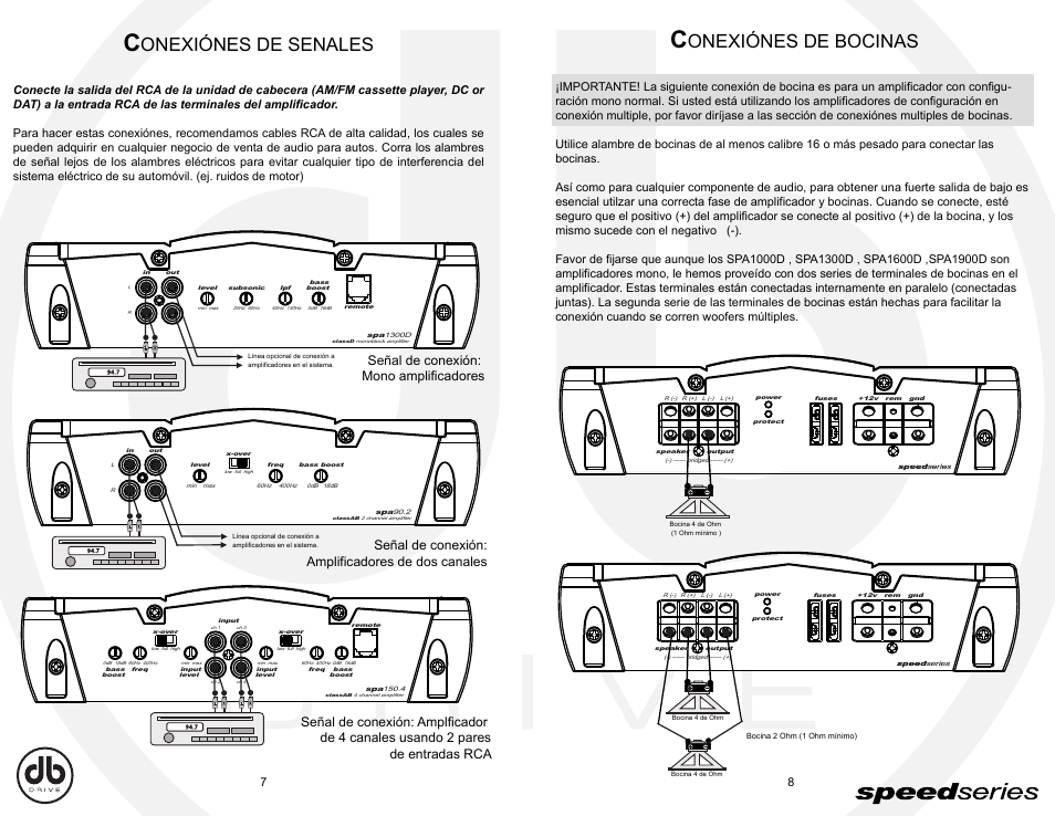 Db_sp7-8, Onexiónes de senales, Onexiónes de bocinas | DB Drive Speed Series Amplifier SPA SPA90.2 User Manual | Page 13 / 16