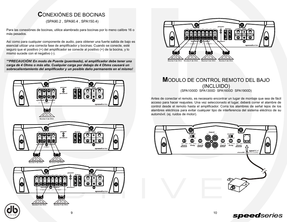 Db_sp9-10, Onexiónes de bocinas, Odulo de control remoto del bajo (incluido) | Power | DB Drive Speed Series Amplifier SPA SPA90.2 User Manual | Page 14 / 16