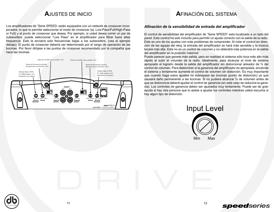 Db_sp11-12, Input level, Justes de inicio | Finación del sistema, Min max | DB Drive Speed Series Amplifier SPA SPA90.2 User Manual | Page 15 / 16