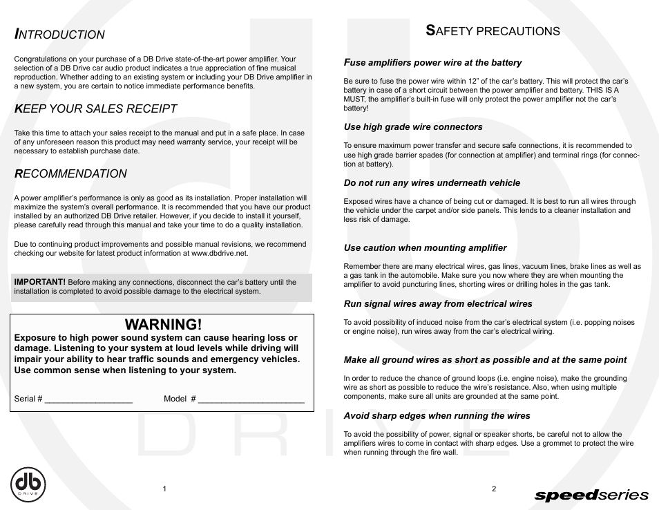 Db_e1-2, Warning, Ntroduction | K eep your sales receipt, R ecommendation, Afety precautions | DB Drive Speed Series Amplifier SPA SPA90.2 User Manual | Page 2 / 16