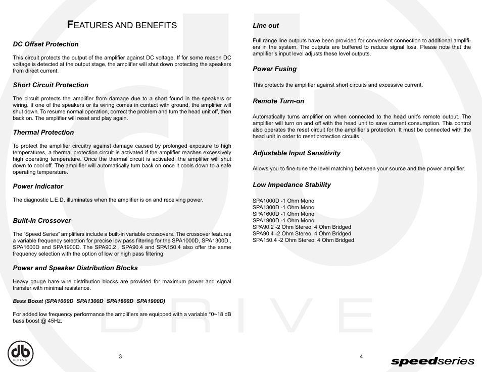 Db_e3-4, Eatures and benefits | DB Drive Speed Series Amplifier SPA SPA90.2 User Manual | Page 3 / 16