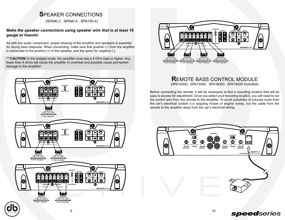 Db_e9-10, Peaker connections, Emote bass control module | Power, Included | DB Drive Speed Series Amplifier SPA SPA90.2 User Manual | Page 6 / 16