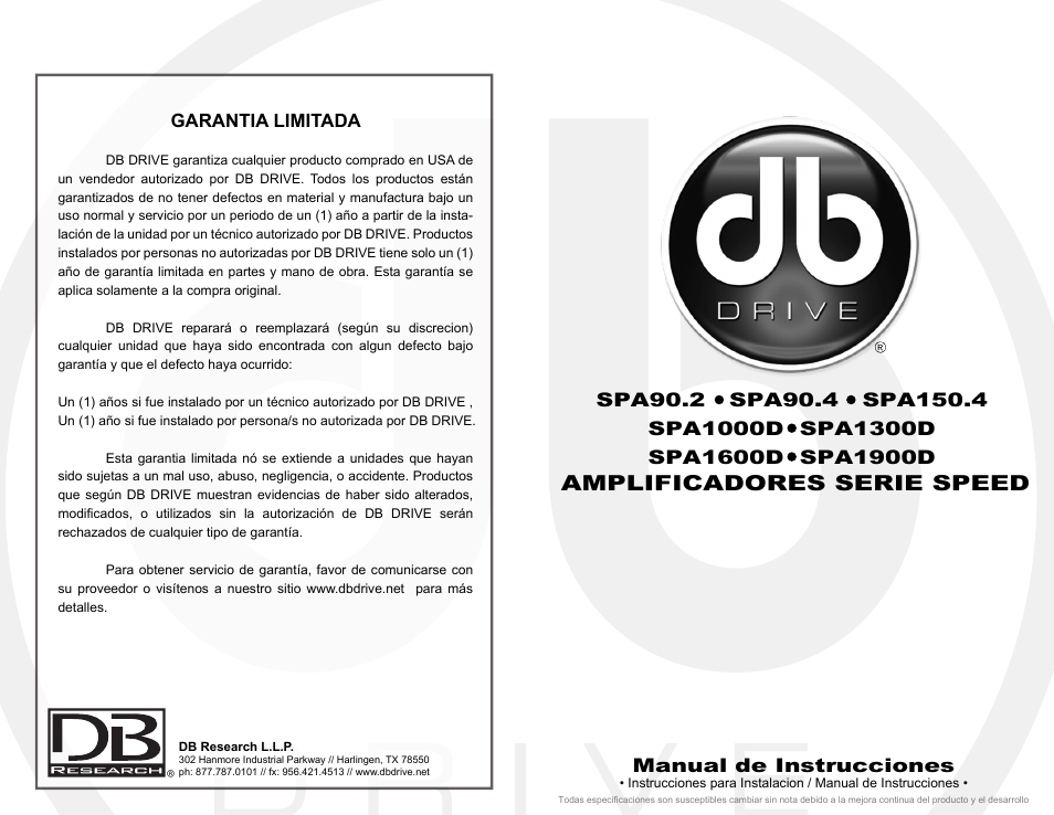 Db_spspeedseriesbook, Db_spcover, Amplificadores serie speed | Manual de instrucciones | DB Drive Speed Series Amplifier SPA SPA90.2 User Manual | Page 9 / 16