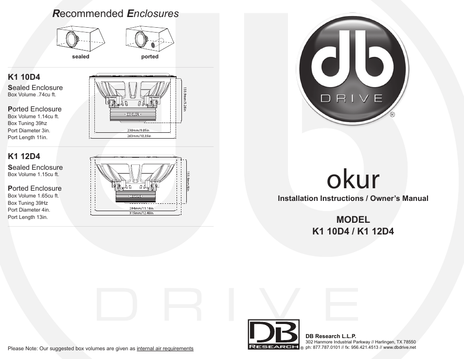 Dbdrive okur k1 subwoofer manual outside, Okur, R ecommended e nclosures | DB Drive K1 10D4 User Manual | Page 2 / 2