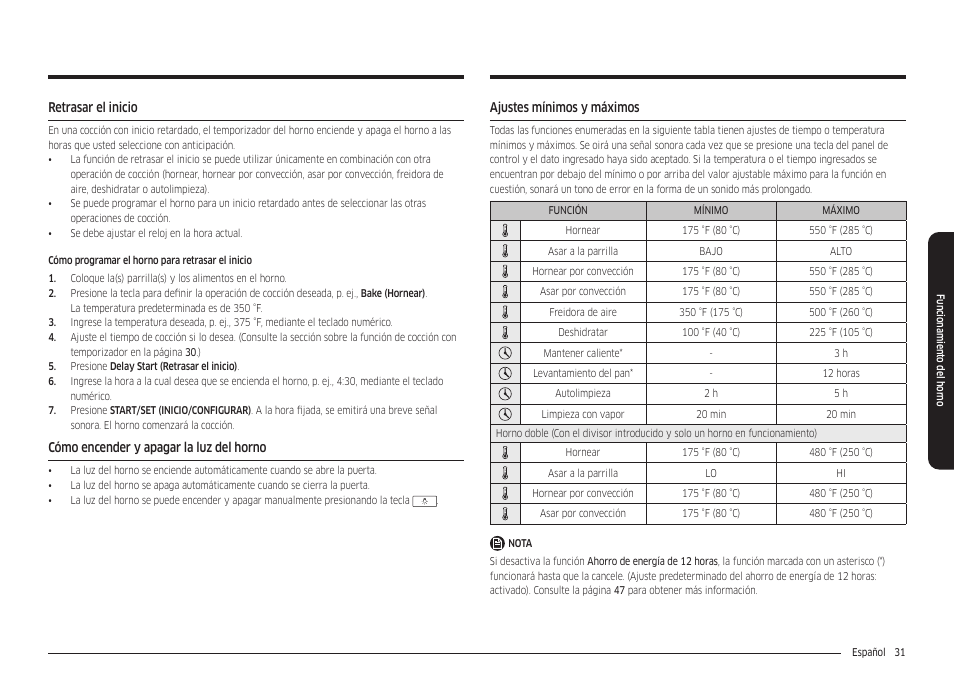 Retrasar el inicio, Cómo encender y apagar la luz del horno, Ajustes mínimos y máximos | Samsung 30 Inch Freestanding Electric Smart Range Owner Manual User Manual | Page 101 / 210