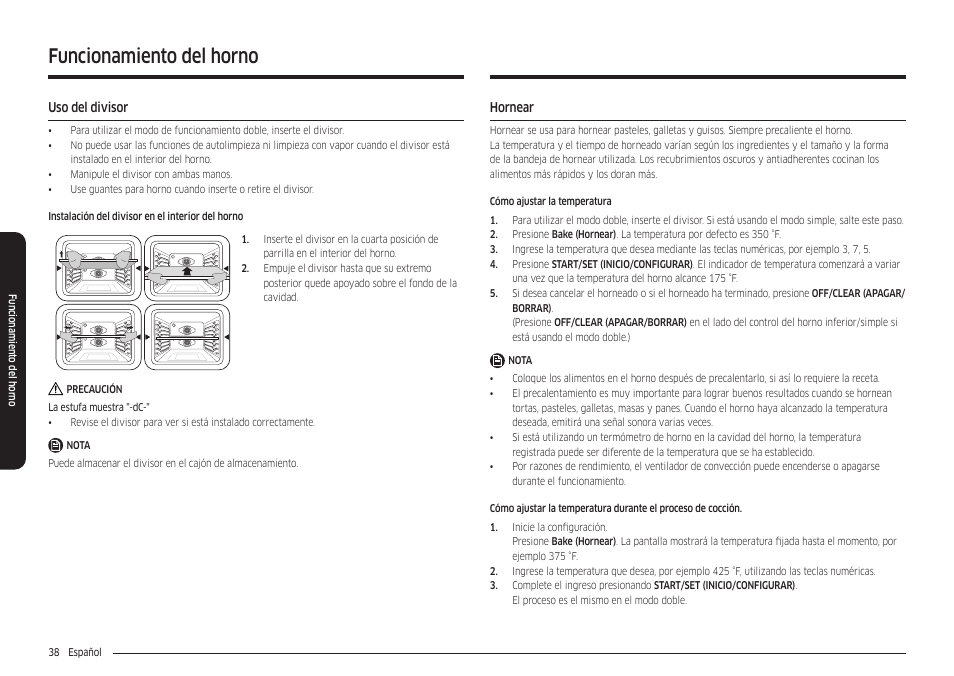 Uso del divisor, Hornear, Hornear 38 | Funcionamiento del horno | Samsung 30 Inch Freestanding Electric Smart Range Owner Manual User Manual | Page 108 / 210