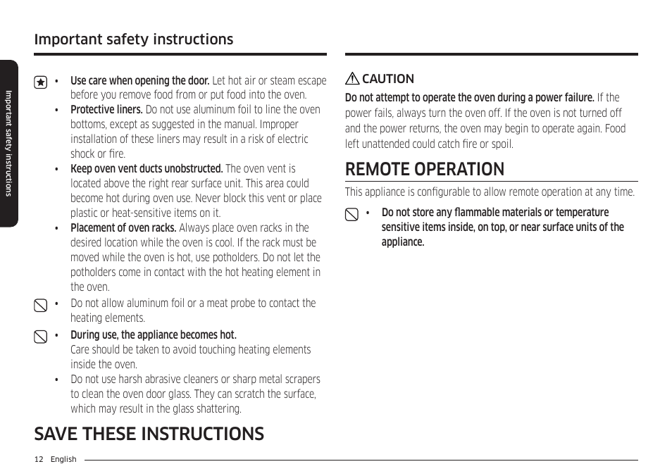 Save these instructions, Remote operation, Important safety instructions | Samsung 30 Inch Freestanding Electric Smart Range Owner Manual User Manual | Page 12 / 210