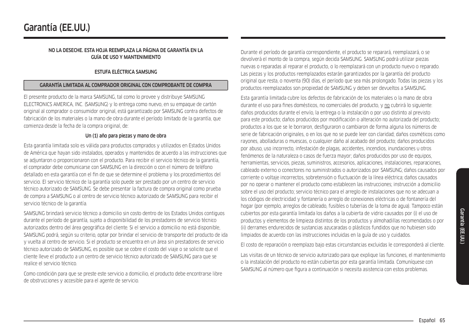 Garantía (ee.uu.) | Samsung 30 Inch Freestanding Electric Smart Range Owner Manual User Manual | Page 135 / 210