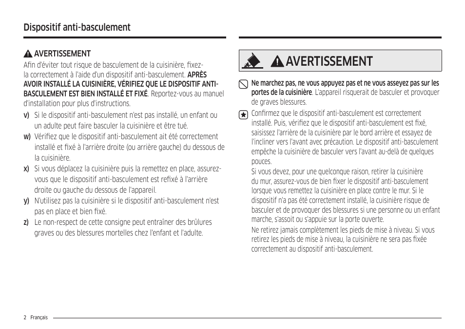 Avertissement, Dispositif anti-basculement | Samsung 30 Inch Freestanding Electric Smart Range Owner Manual User Manual | Page 142 / 210