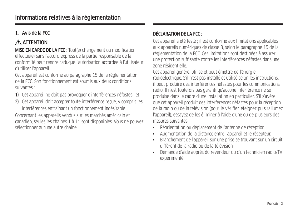 Informations relatives à la réglementation | Samsung 30 Inch Freestanding Electric Smart Range Owner Manual User Manual | Page 143 / 210