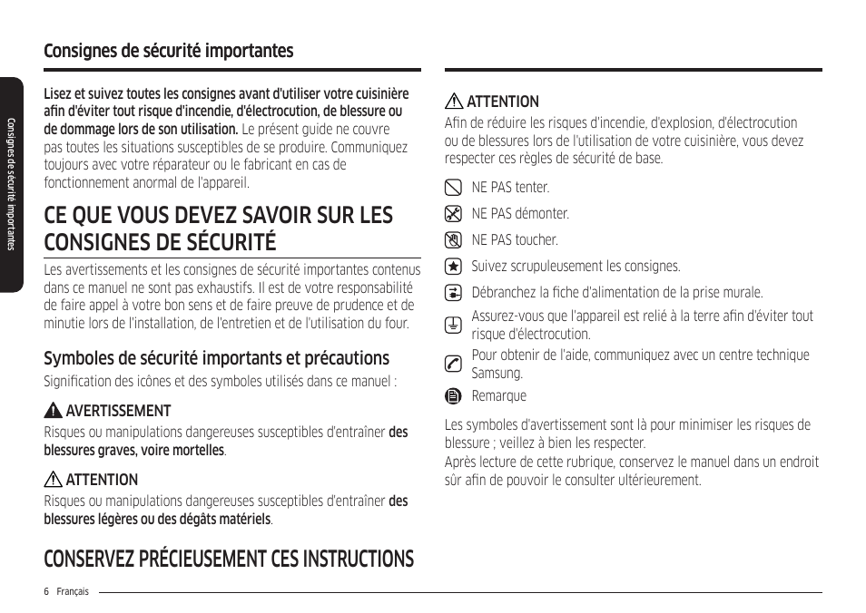 Consignes de sécurité importantes, Conservez précieusement ces instructions, Symboles de sécurité importants et précautions | Samsung 30 Inch Freestanding Electric Smart Range Owner Manual User Manual | Page 146 / 210