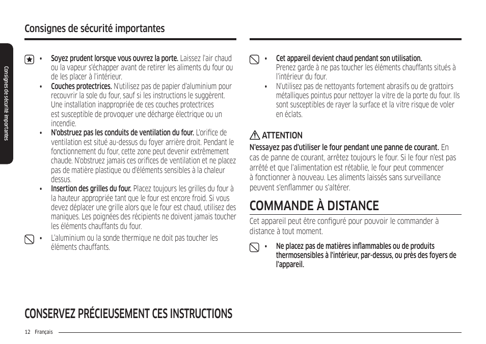 Conservez précieusement ces instructions, Commande à distance, Consignes de sécurité importantes | Samsung 30 Inch Freestanding Electric Smart Range Owner Manual User Manual | Page 152 / 210