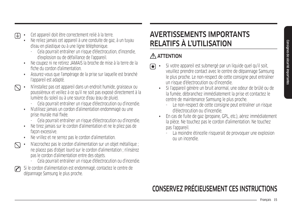 Conservez précieusement ces instructions, Avertissements importants relatifs à l'utilisation | Samsung 30 Inch Freestanding Electric Smart Range Owner Manual User Manual | Page 155 / 210