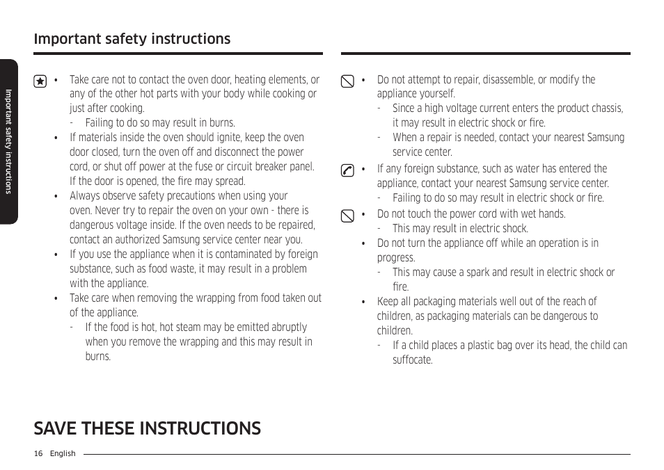 Save these instructions, Important safety instructions | Samsung 30 Inch Freestanding Electric Smart Range Owner Manual User Manual | Page 16 / 210