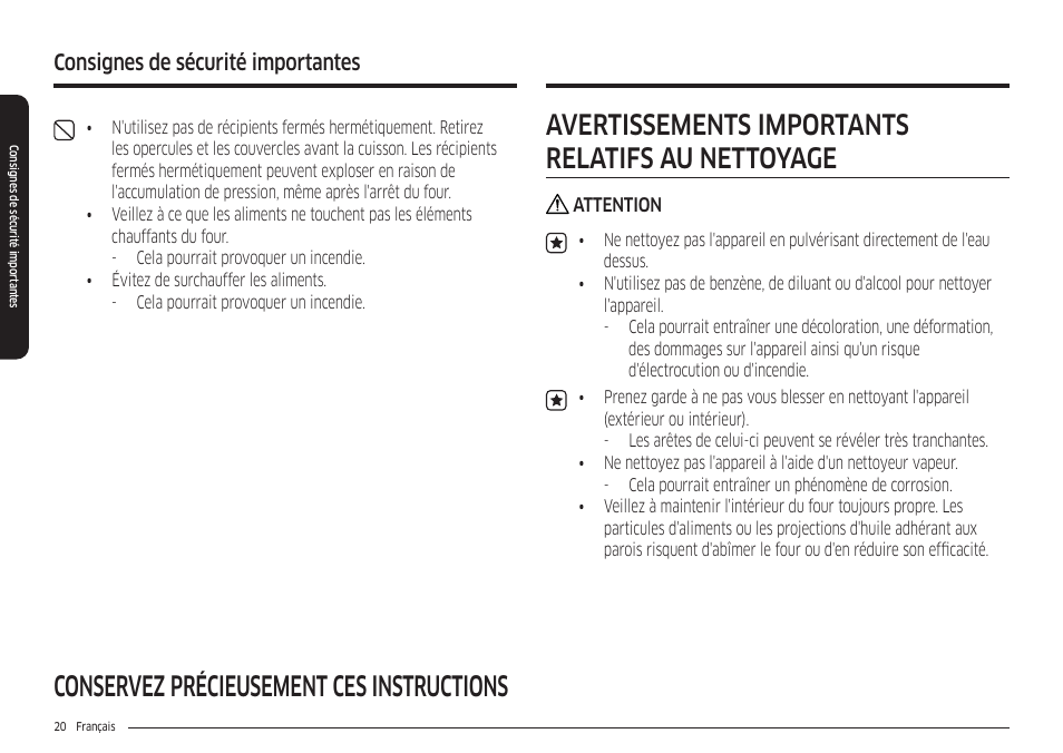 Conservez précieusement ces instructions, Avertissements importants relatifs au nettoyage, Consignes de sécurité importantes | Samsung 30 Inch Freestanding Electric Smart Range Owner Manual User Manual | Page 160 / 210