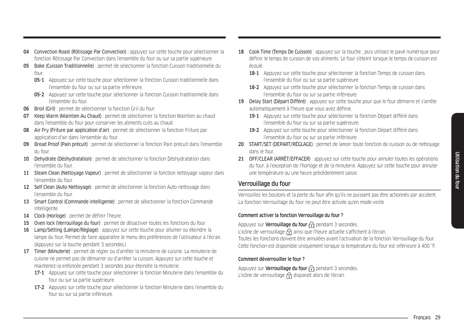 Verrouillage du four | Samsung 30 Inch Freestanding Electric Smart Range Owner Manual User Manual | Page 169 / 210