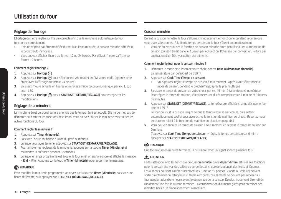 Réglage de l'horloge, Réglage de la minuterie, Cuisson minutée | Utilisation du four | Samsung 30 Inch Freestanding Electric Smart Range Owner Manual User Manual | Page 170 / 210