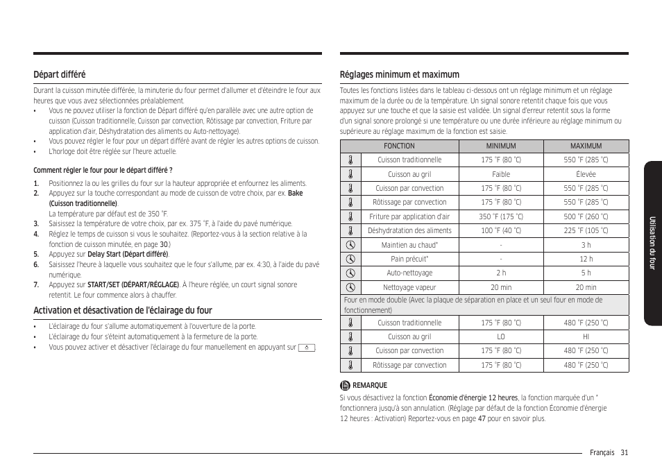 Départ différé, Activation et désactivation de l'éclairage du four, Réglages minimum et maximum | Samsung 30 Inch Freestanding Electric Smart Range Owner Manual User Manual | Page 171 / 210