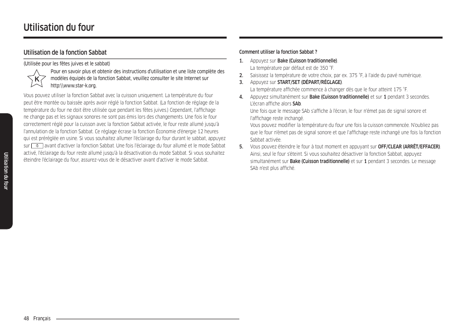 Utilisation de la fonction sabbat, Utilisation du four | Samsung 30 Inch Freestanding Electric Smart Range Owner Manual User Manual | Page 188 / 210