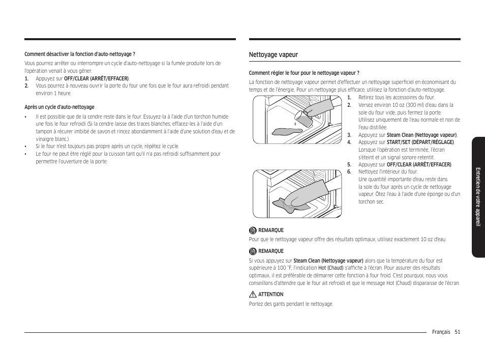 Nettoyage vapeur | Samsung 30 Inch Freestanding Electric Smart Range Owner Manual User Manual | Page 191 / 210