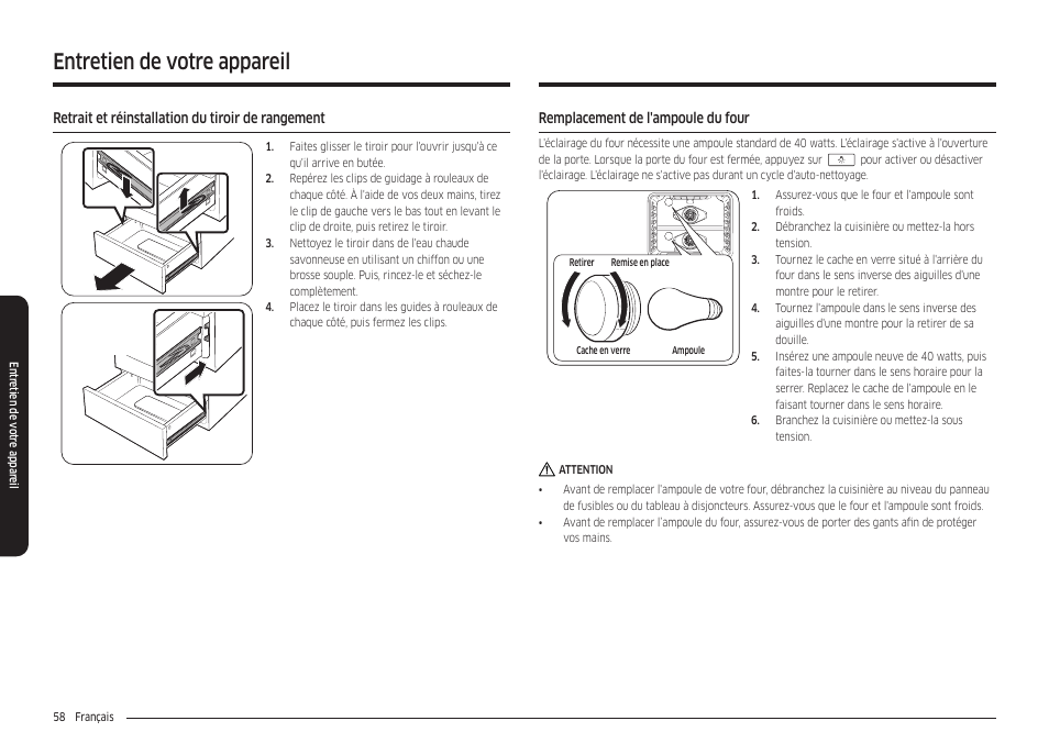 Retrait et réinstallation du tiroir de rangement, Remplacement de l'ampoule du four, Entretien de votre appareil | Samsung 30 Inch Freestanding Electric Smart Range Owner Manual User Manual | Page 198 / 210