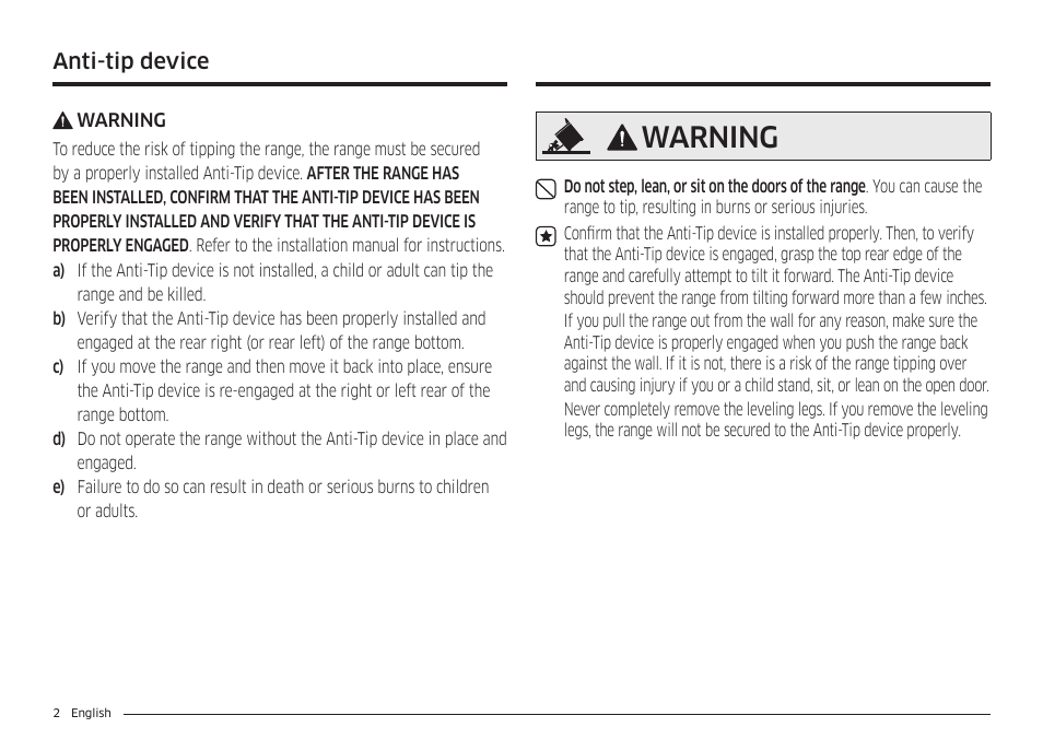 Warning, Anti-tip device | Samsung 30 Inch Freestanding Electric Smart Range Owner Manual User Manual | Page 2 / 210