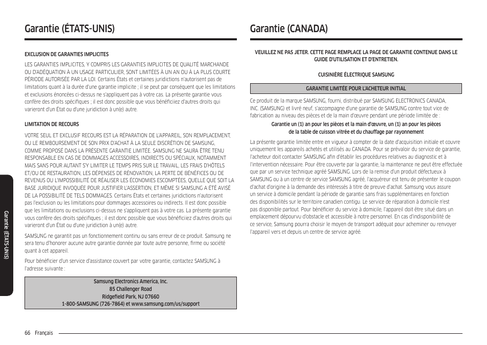 Garantie (canada), Garantie (états-unis) | Samsung 30 Inch Freestanding Electric Smart Range Owner Manual User Manual | Page 206 / 210