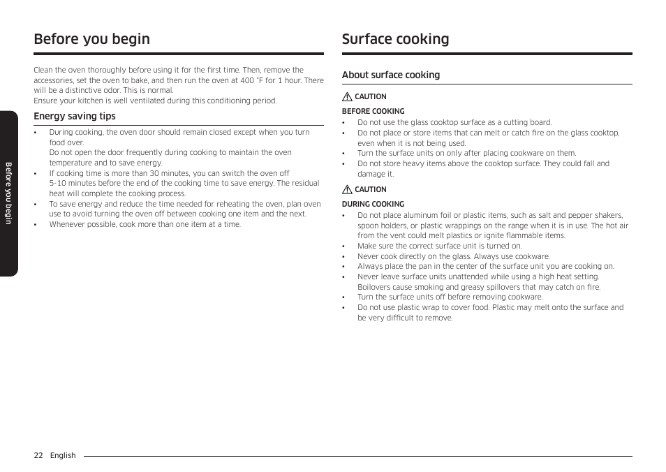 Before you begin, Energy saving tips, Surface cooking | About surface cooking | Samsung 30 Inch Freestanding Electric Smart Range Owner Manual User Manual | Page 22 / 210