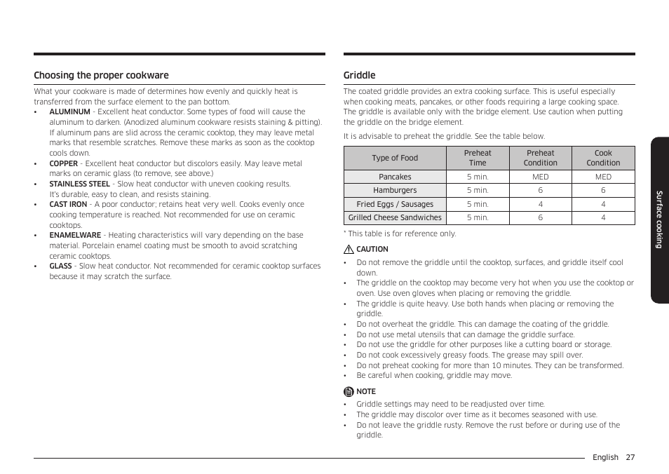 Choosing the proper cookware, Griddle, Griddle 27 | Samsung 30 Inch Freestanding Electric Smart Range Owner Manual User Manual | Page 27 / 210