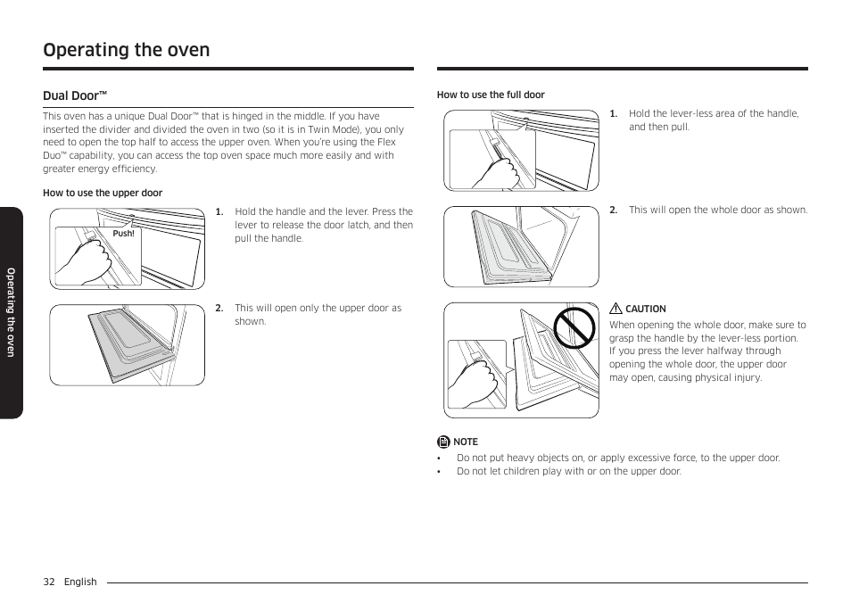 Dual door, Operating the oven | Samsung 30 Inch Freestanding Electric Smart Range Owner Manual User Manual | Page 32 / 210