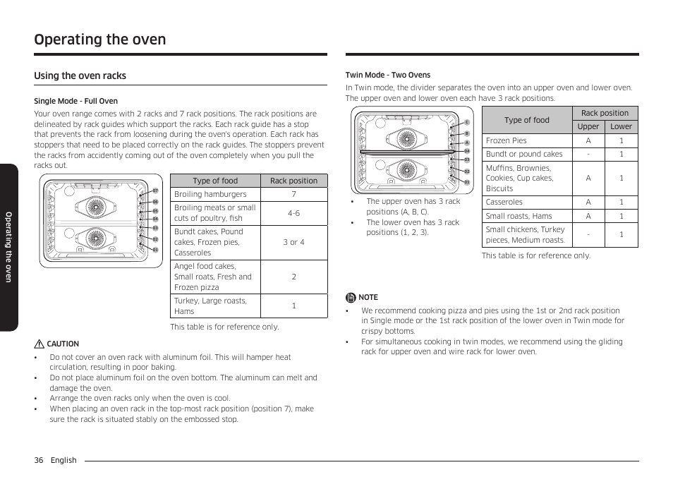 Using the oven racks, Operating the oven | Samsung 30 Inch Freestanding Electric Smart Range Owner Manual User Manual | Page 36 / 210