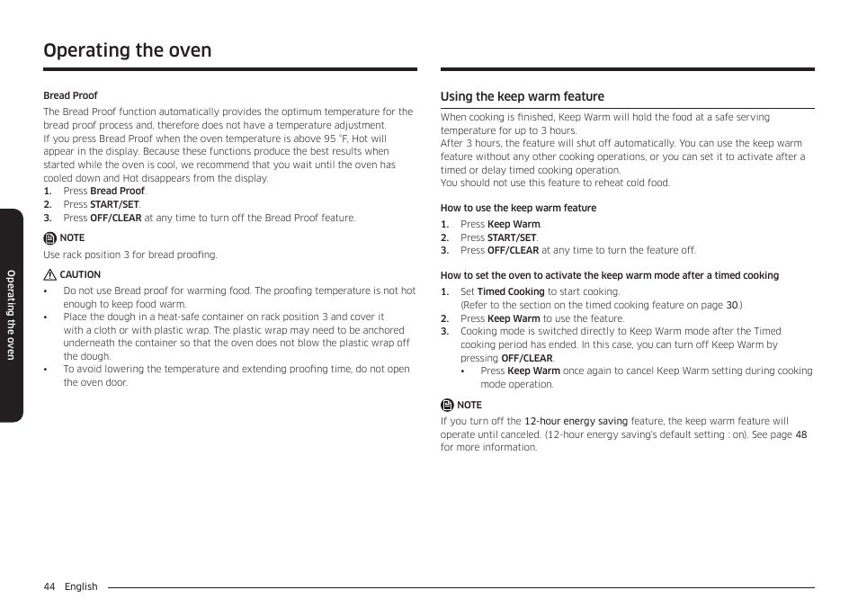 Using the keep warm feature, Operating the oven | Samsung 30 Inch Freestanding Electric Smart Range Owner Manual User Manual | Page 44 / 210