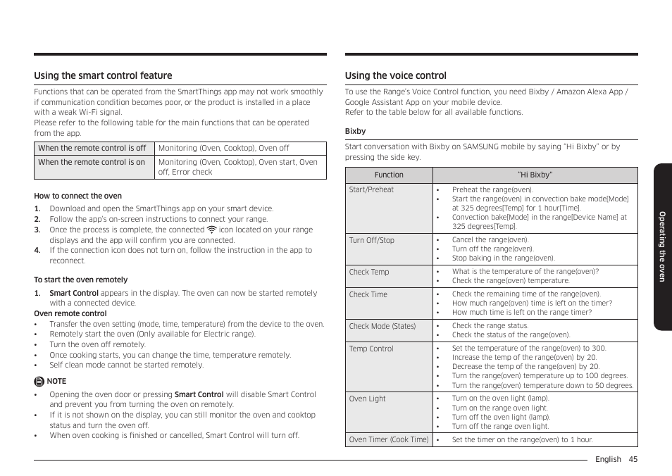 Using the smart control feature, Using the voice control | Samsung 30 Inch Freestanding Electric Smart Range Owner Manual User Manual | Page 45 / 210