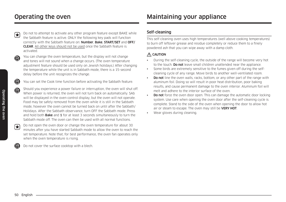 Maintaining your appliance, Self-cleaning, Self-cleaning 50 | Operating the oven | Samsung 30 Inch Freestanding Electric Smart Range Owner Manual User Manual | Page 50 / 210