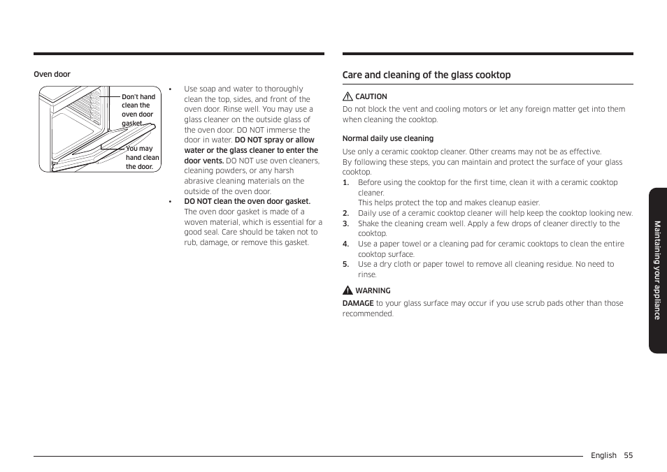 Care and cleaning of the glass cooktop | Samsung 30 Inch Freestanding Electric Smart Range Owner Manual User Manual | Page 55 / 210