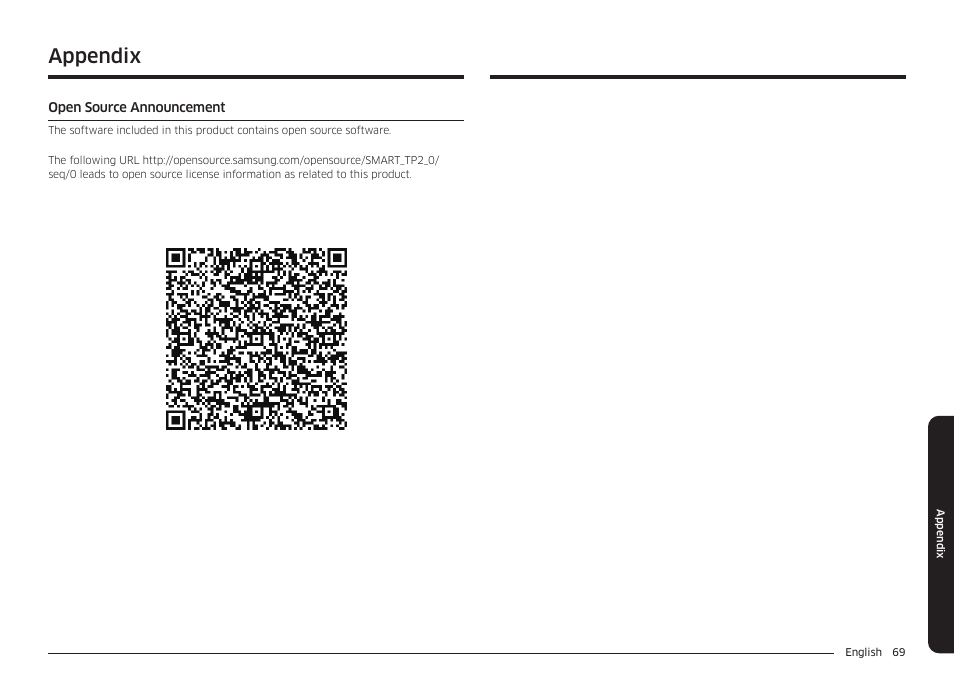 Appendix, Open source announcement, Appendix 69 | Samsung 30 Inch Freestanding Electric Smart Range Owner Manual User Manual | Page 69 / 210