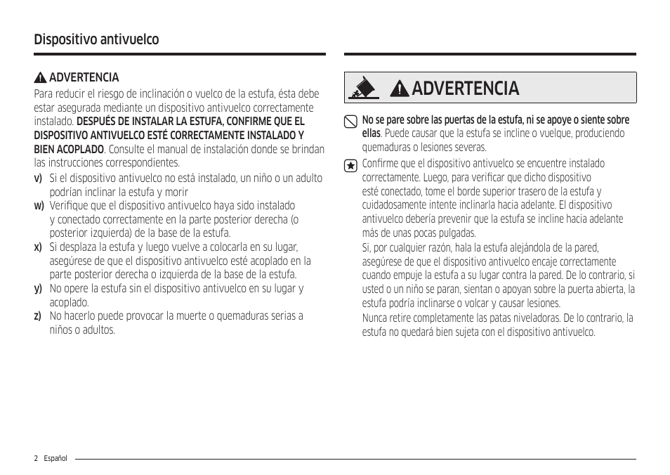 Advertencia, Dispositivo antivuelco | Samsung 30 Inch Freestanding Electric Smart Range Owner Manual User Manual | Page 72 / 210