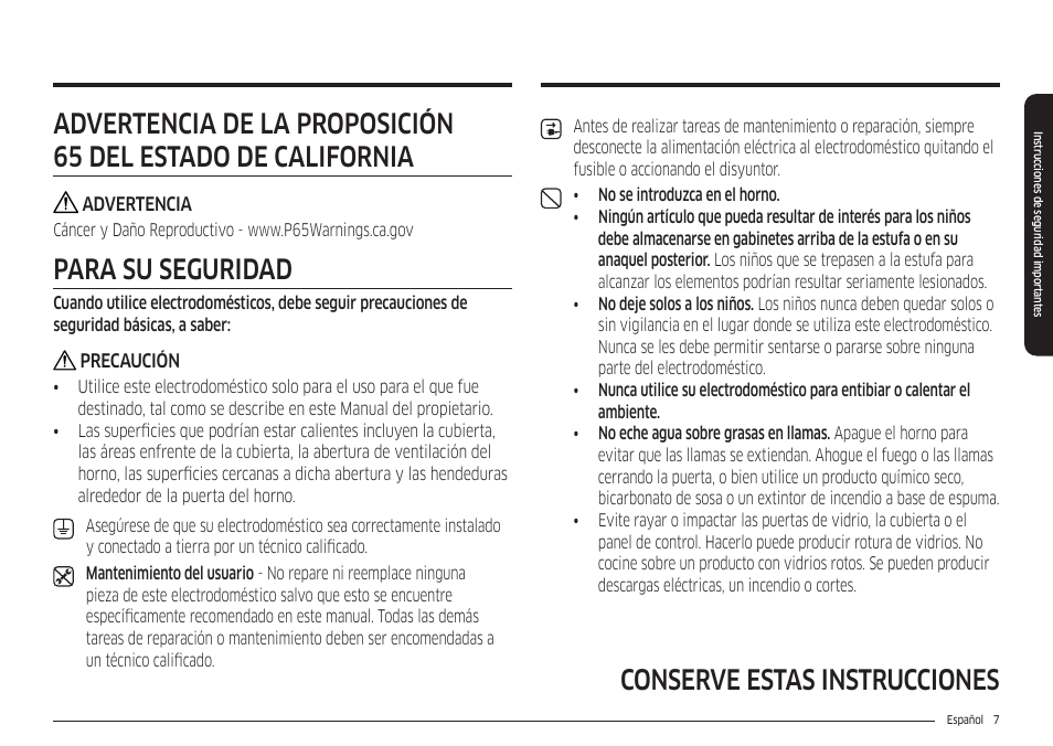 Para su seguridad | Samsung 30 Inch Freestanding Electric Smart Range Owner Manual User Manual | Page 77 / 210